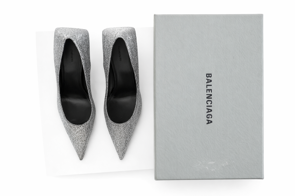 BALENCIAGA SILVER GLITTER POINTED-TOE PUMPS